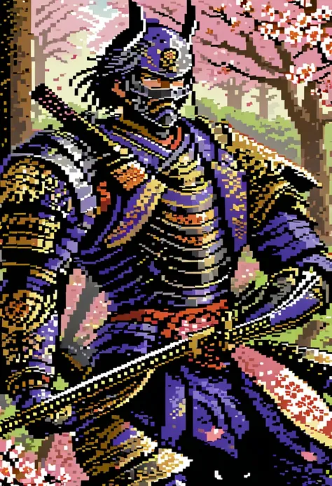 a captivating pixel art illustration of a stoic japanese samurai, standing tall in his traditional armor with his katana drawn a...