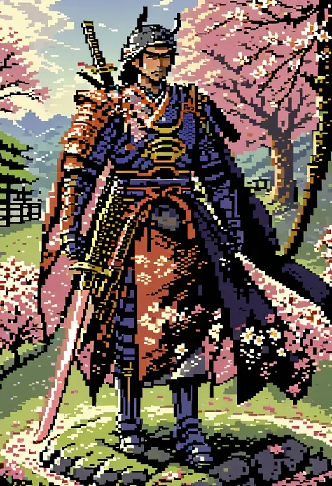 a captivating pixel art illustration of a stoic japanese samurai, standing tall in his traditional armor with his katana drawn a...