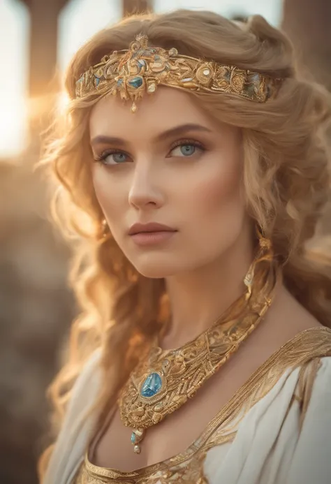 A very beautiful blonde with blue eyes who wears several large pearl necklaces, masterpiece, beautiful 25-year-old Elena of Troy in her palace, goddess, Aphrodite, long wavy strawberry blonde hair, ancient Greek hairstyle, she has a Greek face with detaile...