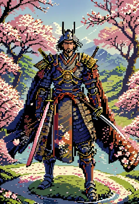 A captivating pixel art illustration of a stoic Japanese samurai, standing tall in his traditional armor with his katana drawn and the blade glowing. The samurais armor is intricately detailed, featuring ornate patterns that emphasize the honor and dedicat...