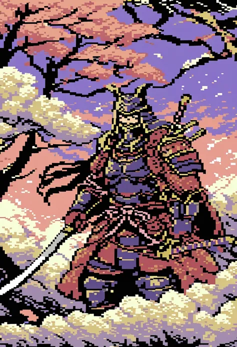 a captivating pixel art illustration of a stoic japanese samurai, standing tall in his traditional armor with his katana drawn a...