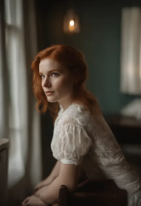 beautiful redhead girl,sitting,looking up,dressed in a short dress,in a house,with a white shirt