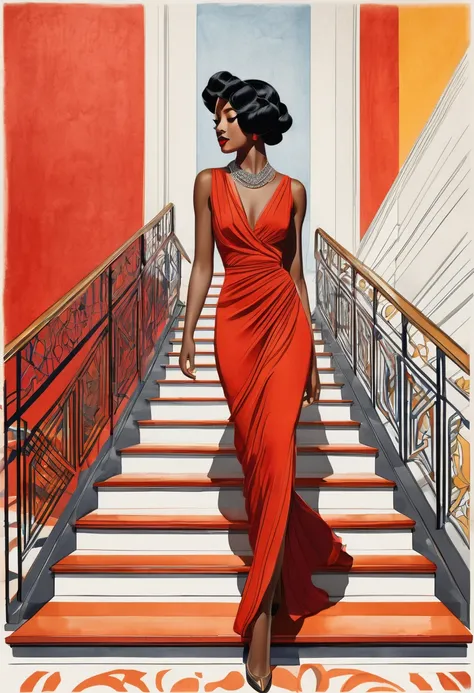 Como artista de 1930, my art reflects the Art Deco movement, characterized by geometric lines, formas criativas e elegantes, vibrant colors and ornamental patterns. In my illustration of the black woman walking down the stairs, eu a represento com linhas f...