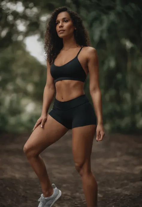 Mulher usando conjunto Fitness de top e short. The shorts are black, high-waisted and up to the navel.