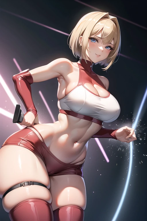 ((a 25yo girl), Sayla Mass, elegant), bending waist,whole body、see the beholder, young woman,(with sparkling eyes and a contagious smile),(her thin pubic hair:1.3),shy、blush、expression of ecstasy、erotic、charming、Charm、bob short、bangs、shiny blonde hair、blue...