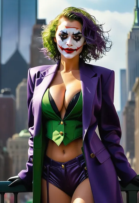 Masterpiece, High quality, joker woman, big breast,open jacket, nova york background