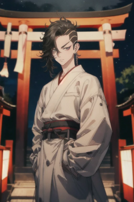 Kokonoi Hajime - mature looking - black hair, detailed face - handsome -Tokyo Revengers, , wearing nothing, album cover, standing infront of a tori gate on a shrine at night, detailed eyes, detailed shot, lots of lights in the back,