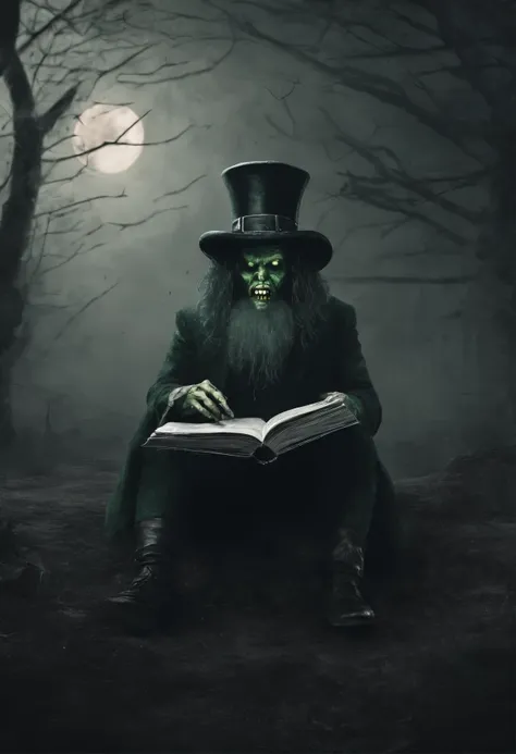 make some 4K animation character, hes a leprechaun, scary face and mysterious background vibes, reading a book