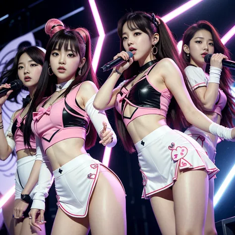 Kpop band BlackPink(4 women over 20, korean, sailor scout outfit doing a performance, crying on stage, a giant broken heart is projected behind them