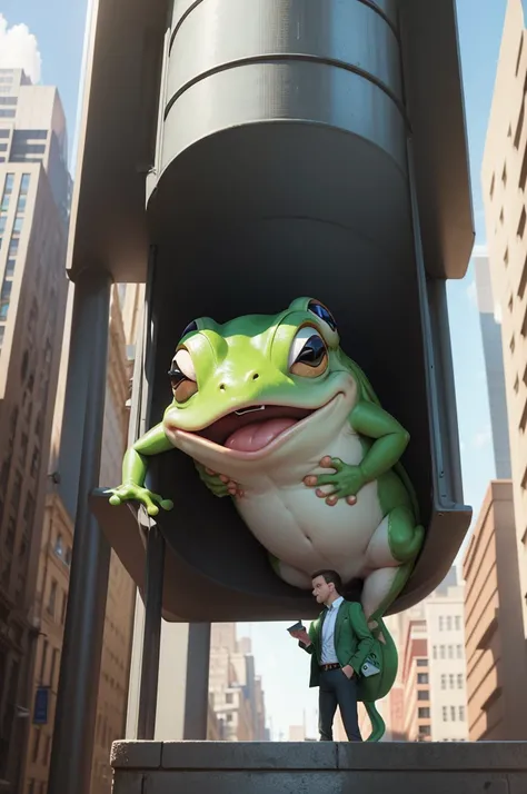 A zaney cartoon frog is dressed for a day of work in the office, along the way he leans on a block building and has a big cry, tears roll down his face