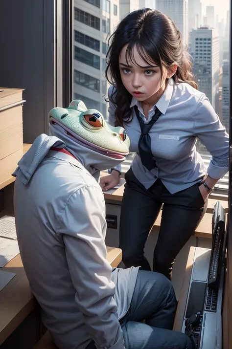 (best quality,4k,highres:1.2),ultra-detailed,(realistic,photorealistic:1.37),cartoon frog,office attire,sad expression,leaning on block building,tears streaming down face,dressed for work,office scenery,stressed-out vibe,dark circles under eyes,colorful,fu...