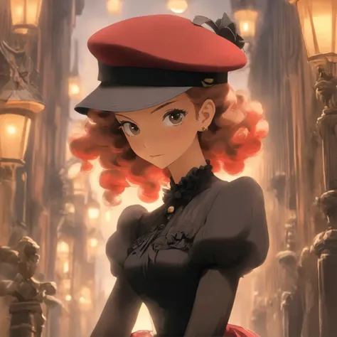 araffe dressed in a black dress and red hat poses for a picture, wearing black old dress and hat, wearing a french beret, dressed like in the 1940s, victorian style costume, french girl, with curly red hair, in a red victorian era dress, wearing black dres...