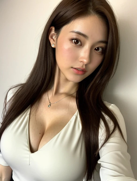 A very beautiful 27 year old Japanese woman,beautiful face,,lob hair , ,Because I&#39;m slender, sharp outline、brown skin:1.2、uniform , blouse ,skirt , change room,Beautiful symmetrical eyes, , cleavage , high quality, high detail, High resolution, Luminou...