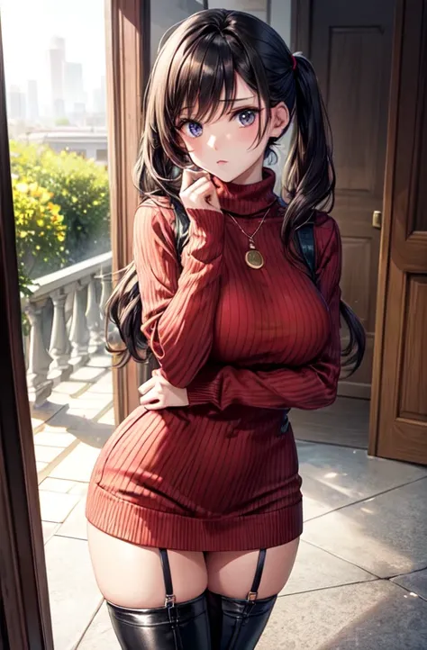 masterpiece, young, best quality, in zombie home, ((worried ..expression)) ,1girl, re4, sweater dress, turtleneck, ribbed sweate...