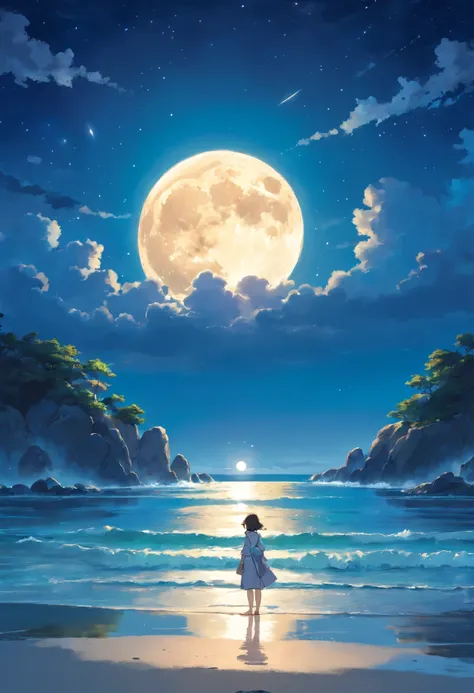 A large full moon reflected on the very rough water surface、nice virgin beach at night. digital painting, art station, concept art, soft focus, sharp, figure.starry sky、beautiful night sky、