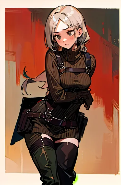 masterpiece, cute, young, long hair, best quality, in zombie home, ((worried ..expression)) ,1girl, RE4, military sweater dress, turtleneck, ribbed sweater, thigh high boots, harness, best quality, masterpiece, highres gorgeous design, best quality