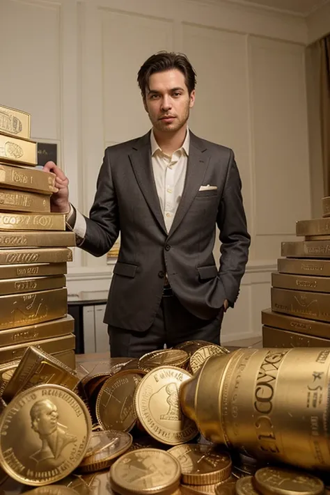 Detailed drawing of a person in a suit., Surrounded by many dollar bills and gold bars., Gold Coins, 

