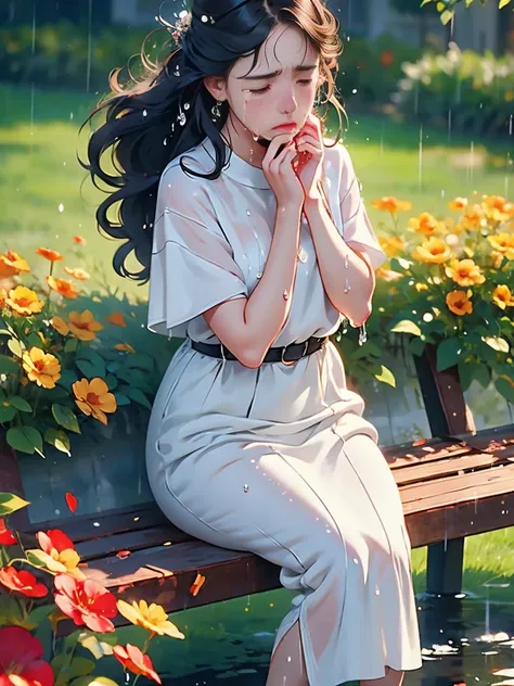 1girl，(solo)，sit on bench，close up，wet，(sad crying: 1.8), (tears: 1.8), ((tears full of tears))，heavy rain，garden，(UHD, masterpiece, ccurate, anatomically correct, textured skin, high details, high quality, award winning, 8k)