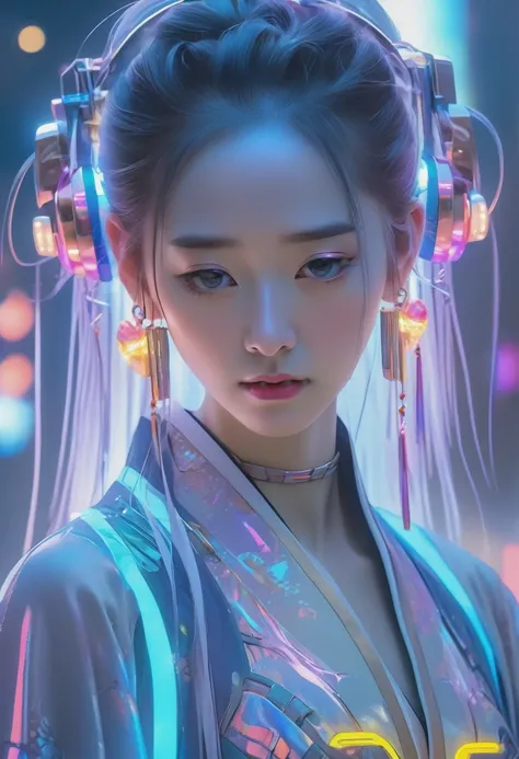 Tang suit，Chinese Hanfu，a image of a woman crying, desperat, (face focus), ters, sad, depressed, wearing colorful robot tech, in the style of free-flowing surrealism, shiny/glossy, precise and lifelike, hard surface modeling, precisionist lines, light silv...