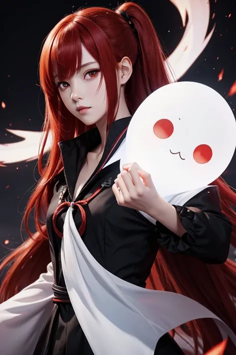 a black dress young women,red hair,anime,a cute white ghost,genshin impact character