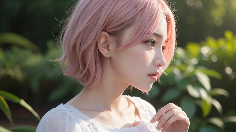 (bob cut hair, pink hair, profile:1.2),(Wearing a blouse:1.2),1 girl,Japanese,21 years old,(small breasts:1.3),(highest quality,masterpiece:1.3,超A high resolution,),(super detailed,caustics),(Photoreal:1.4,RAW shooting,)ultra-realistic capture,very detaile...