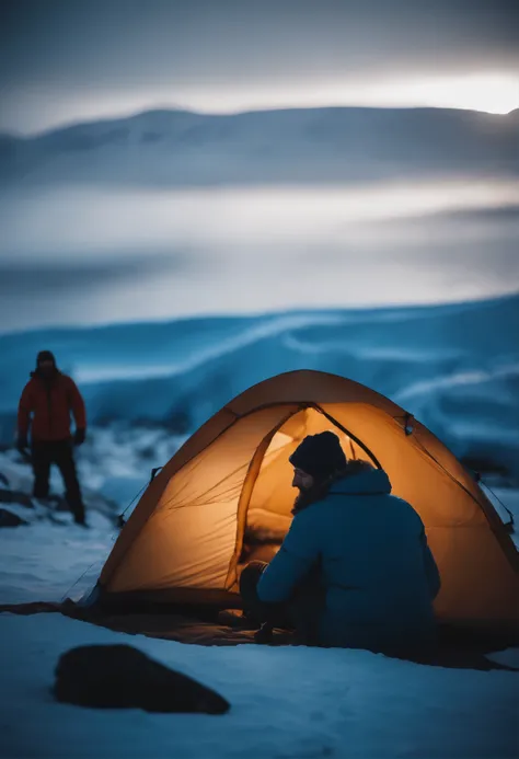 Antarctica，In the cave，Outside the cave is a blue glacier，A handsome British man live-streamed in a tent under a quilt