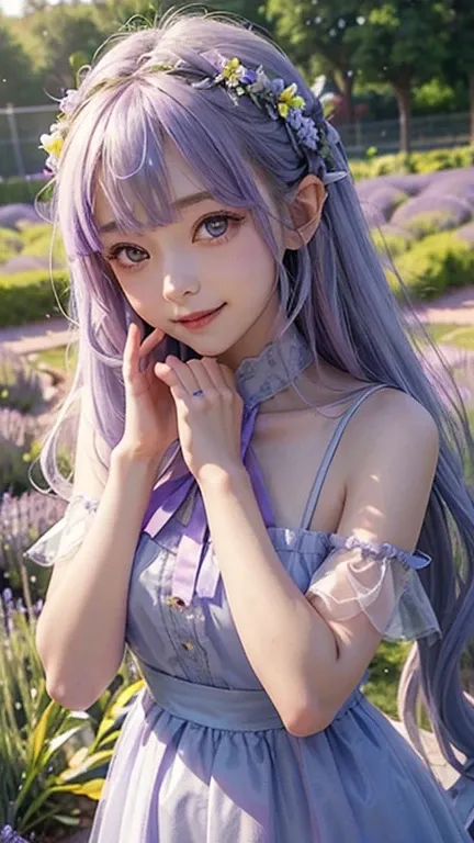 goblin、young woman、Lavender-colored dress、lavender colored hair、transparency、surrounded by lavender、flower garden、Angel、Person in the center、pale light、long hair、ribbon、頭に大きなribbon、Smile、upward glance、put your hand on your face