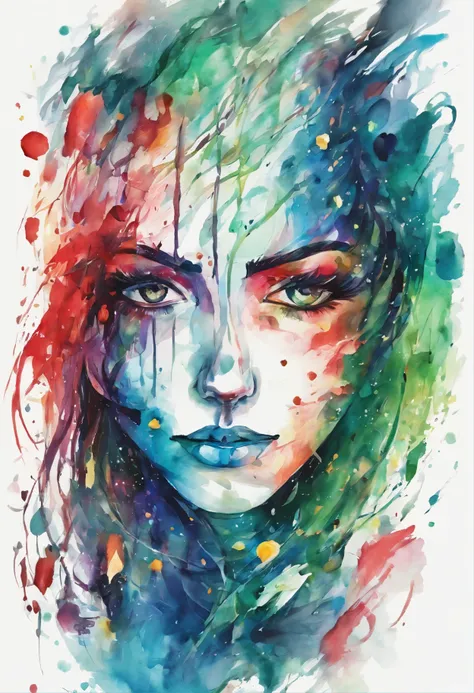 3d watercolor abstract,dark background,high resolution,high quality,colorful,green,red,blue,black eyes crying,long hair,sad,angty