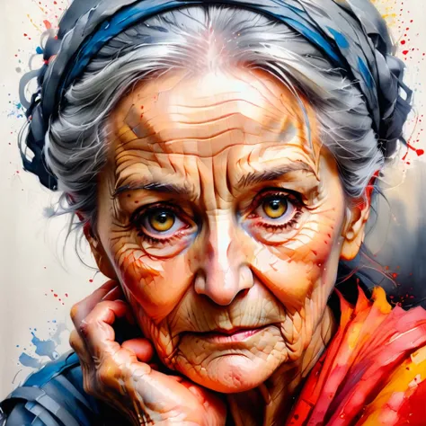 (best quality, ultra-detailed),one piece, old woman craying ,haighly detailed portret, traditional oil painting,wise-looking eyes,blue eyes, wrinkled skin (detailed wrinkles),grey hair,sharp focus,carefully painted hands,portrait,soft lighting,neutral red-...