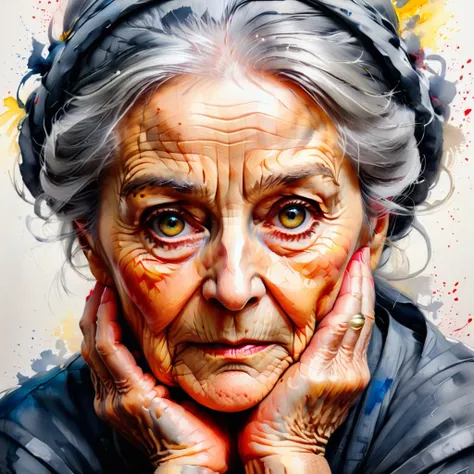 (best quality, ultra-detailed),one piece, old woman craying ,haighly detailed portret, traditional oil painting,wise-looking eyes,blue eyes, wrinkled skin (detailed wrinkles),grey hair,sharp focus,carefully painted hands,portrait,soft lighting,neutral red-...