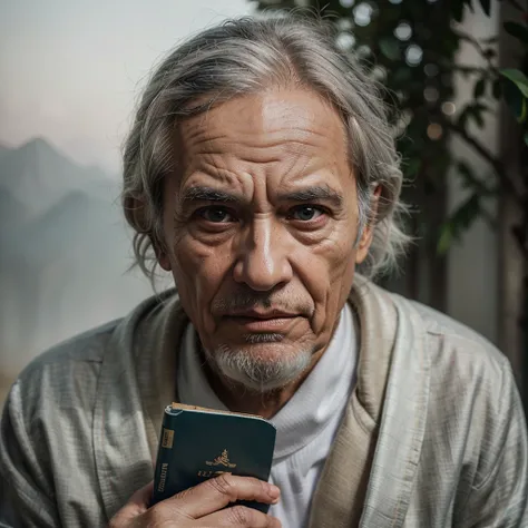 (best quality, ultra detailed) one piece, wrinkled skin,blue eyes, white-grey hair,Oriental old man craying, vicissitudes, bronzed skin, sage, wise old man, real, robed, holding a book, looking straight ahead, front, sharp focus detailed craying.