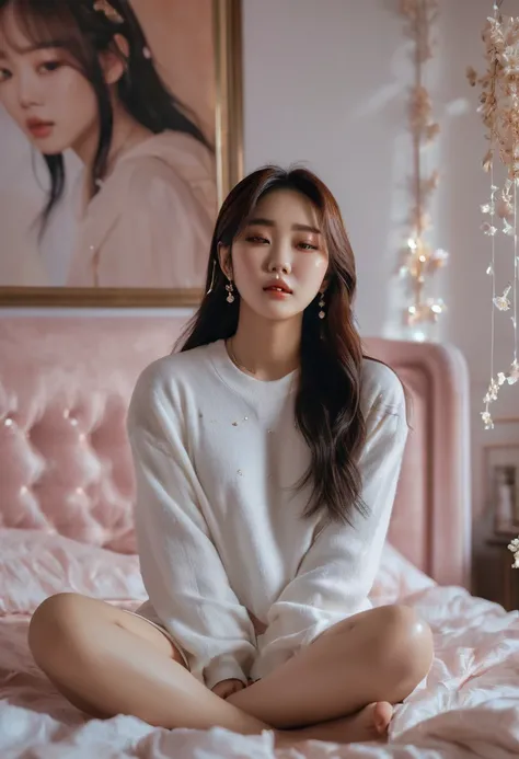 An exceptionally beautiful woman, detailed tears rolling down her cheeks, sitting cross-legged in her luxurious bedroom. She is positioned on her bed, holding a picture of her beloved Kpop Idol in her delicate hands. The room is filled with a soft, etherea...