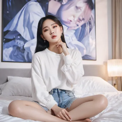 An exceptionally beautiful woman, detailed tears rolling down her cheeks, sitting cross-legged in her luxurious bedroom. She is positioned on her bed, holding a picture of her beloved Kpop Idol in her delicate hands. The room is filled with a soft, etherea...