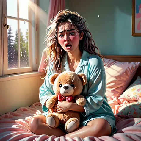 (highres,realistic:1.2),cute woman,mad woman,cartoonishly exaggerated sobbing,puffy cheeks,puffy eyes,tears shooting out like little streams of water,holding teddy bear,emotional meltdown,cute and expressive facial expressions,soft pastel colors,dramatic l...