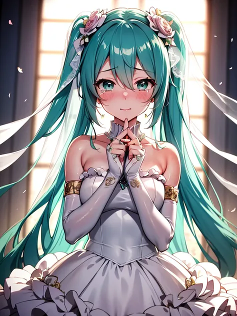 Hatsune Miku、blush、large tears、tears of joy、wedding dress, bridal gauntlets, bridal veil, wedding ring, UHD, retina, masterpiece, ccurate, anatomically correct, textured skin, super detail, high details, high quality, best quality, highres, 4K