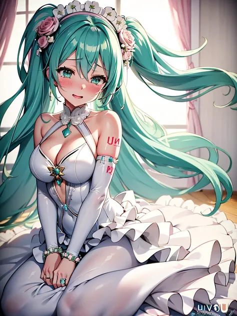 Hatsune Miku、blush、large tears、tears of joy、wedding dress, bridal gauntlets, bridal veil, wedding ring, UHD, retina, masterpiece, ccurate, anatomically correct, textured skin, super detail, high details, high quality, best quality, highres, 4K