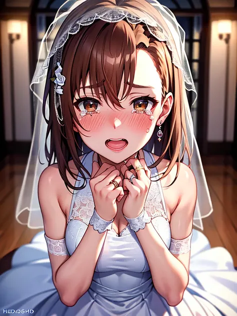 Misaka Mikoto、blush、large tears、tears of joy、wedding dress, bridal gauntlets, bridal veil, wedding ring, UHD, retina, masterpiece, ccurate, anatomically correct, textured skin, super detail, high details, high quality, best quality, highres, 4K