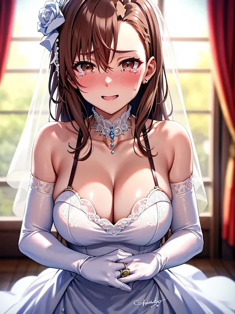 Misaka Mikoto、blush、large tears、tears of joy、wedding dress, bridal gauntlets, bridal veil, wedding ring, UHD, retina, masterpiece, ccurate, anatomically correct, textured skin, super detail, high details, high quality, best quality, highres, 4K