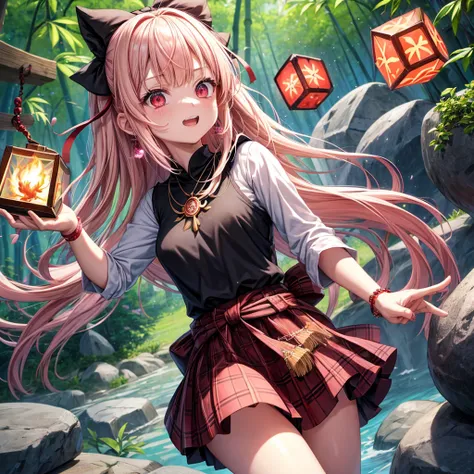 pink blonde、red eyes、one good looking girl、solo、anime、plaid mini skirt、black camisole、black t-shirt、dress、wearing a ribbon、ribbon at waist、cloak、hood、stone slabs are piled up、crystal earrings、jewelry necklace、Light and shadow、walking、clock、universe、vine pl...