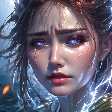 crying, aesthetic, extremely detailed, Crying eyes tears of blood as it pours its essence into the river soul, girl, by WLOP, by Artgerm, by Michael Garmash, by Rob Rey, digital art, trending on artstation, beautiful lightning, atmospheric