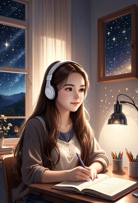 an 18-year-old woman with a heart-shaped face, blemish-free white skin, brown long hair she is studying alone in her room, takin...