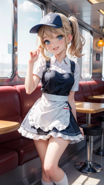 highest quality、young woman(20-year-old)、waitress、american diner、lace apron、roller skates、voluminous mini skirt、white teeth、loose socks、pop、Person in the center、blonde、girly hairstyle、smile、Sun visor、Cute Pose、healthy body shape