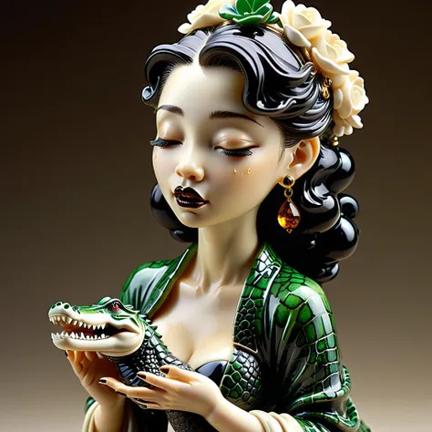 adult crocodile crying  depicted in the iconic style of gil elvgren, clutching an ivory, black agate. jade. amber.  netsuke figu...