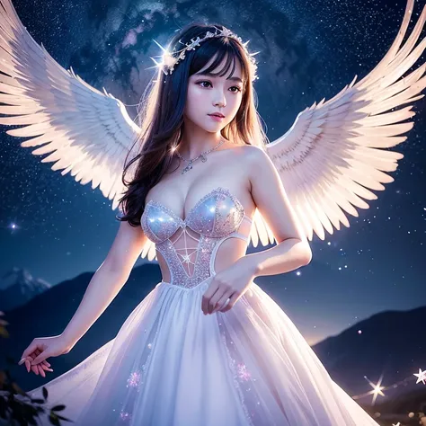 Generate a picture in Stable Diffusion：A 20-year-old beauty floats in the starry sky，Surrounded by holy light，Gorgeous and mysterious。She spreads her wings，A soft glow shimmers against a fairytale-like background。