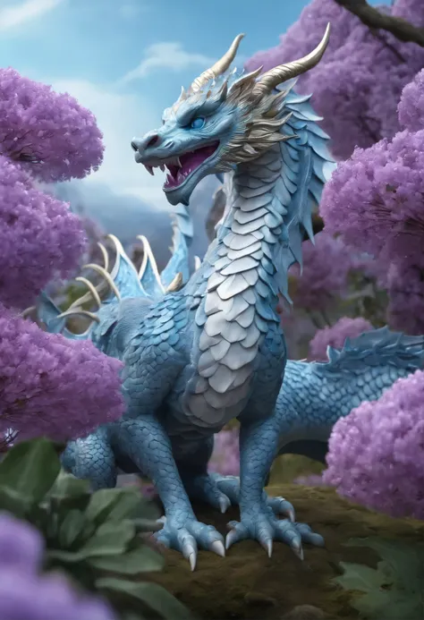 "Very nice 3d rendering of a lilac Chinese dragon，The dragon&#39;s face is kind、The background is a light blue flower garden、The dragon is holding a crystal ball with its paws、Dynamic performance, Vibrant effects and details，best image quality，High resolut...