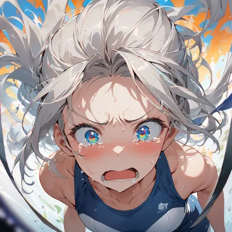 A powerful illustration of a female track and field athlete, capturing the raw emotion of disappointment and defeat. Her face is the focal point, with tears streaming down her cheeks, eyes filled with sadness. Sweat glistens on her forehead, and her strain...