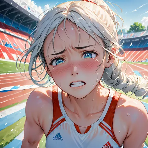 Create an illustration of a female track and field athlete crying after her defeat at a competition. The focus should be solely on her face, capturing the raw emotion of disappointment and tears streaming down her cheeks. Ensure the illustration conveys th...