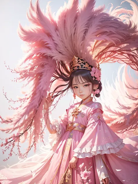 there is a young girl in a pink dress and a large feathered hat, palace ， a girl in hanfu, beautiful young wind spirit, of an beautiful angel girl, a beautiful fantasy empress, cgsociety and fenghua zhong, chinese fantasy, beautiful digital artwork, of bea...