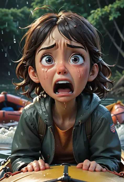 comic art style, anime realism, (sad crying, shed tears:1.5), rubber boat, scared, cold, wail, yowl, (best quality, perfect mast...