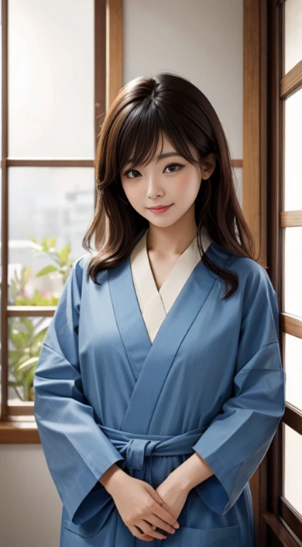 Painting in 8K ultra-high definition, featuring a realistic photograph of a 39-year-old Japanese woman. Her clean and tidy appearance as a housewife is beautifully captured with her small, delicate frame. The focus is on her naturally rendered and realisti...